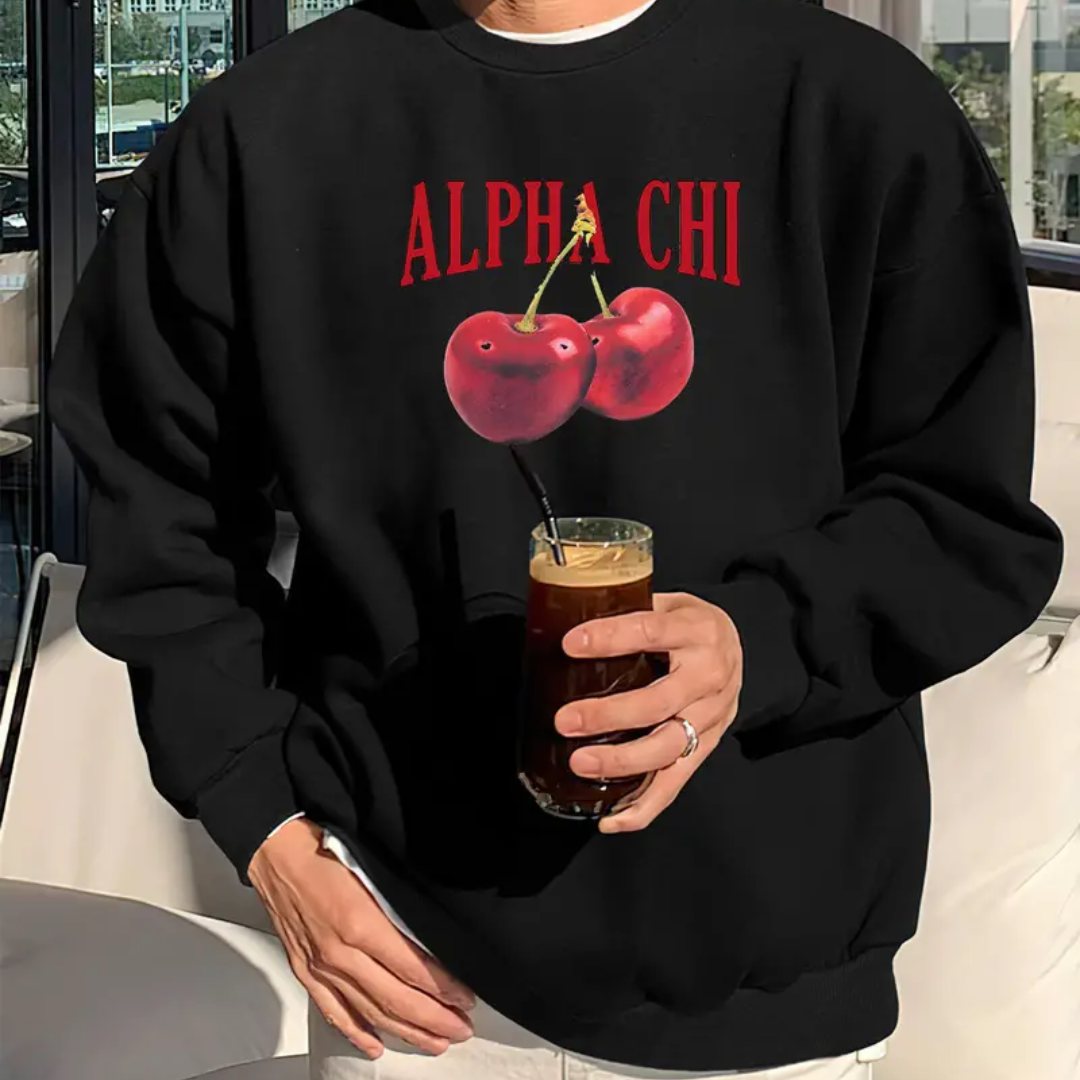 Casual Crew Neck Sweatshirt With Cherry Print For Men