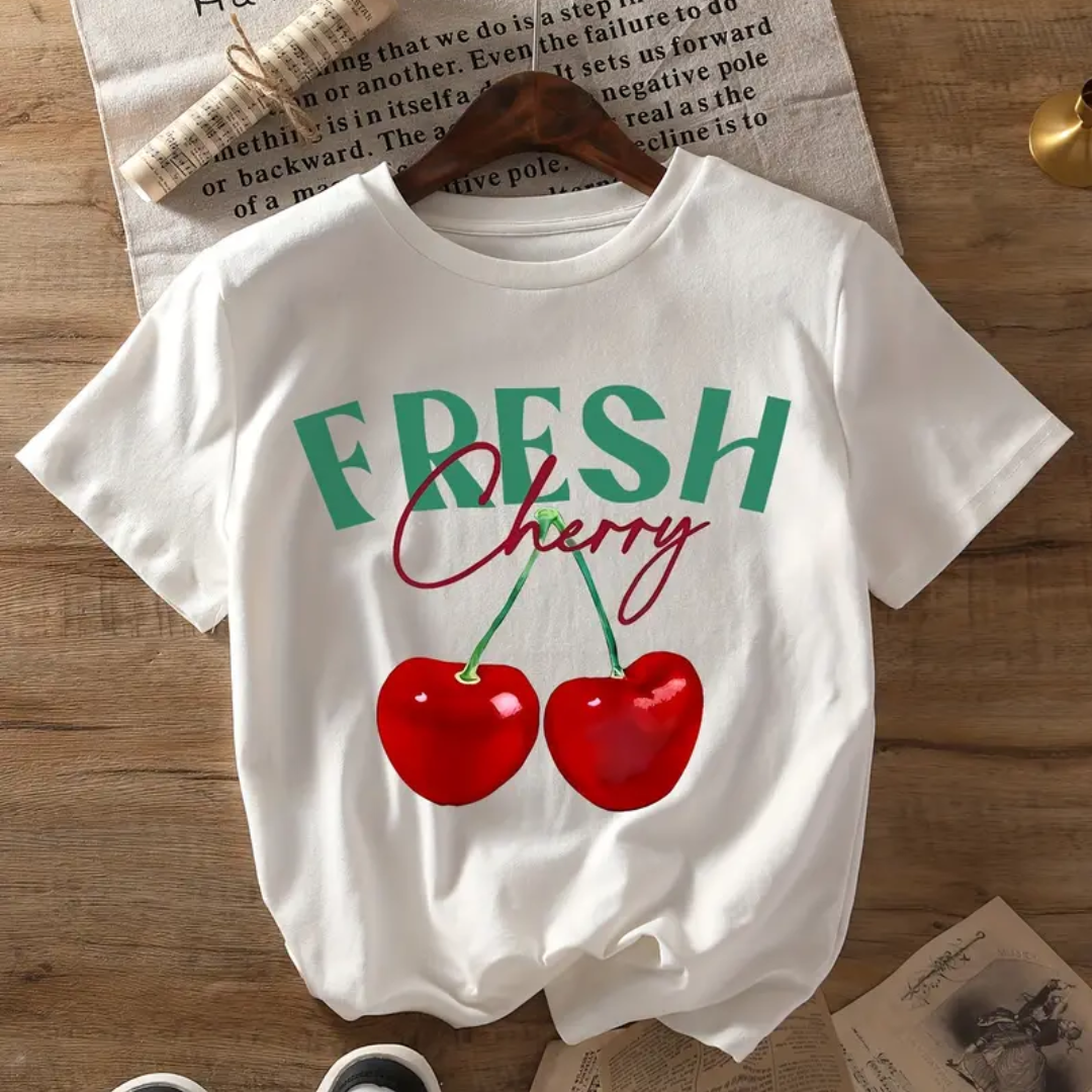 Fresh Cherry Graphic Crew Neck T-Shirt For Woman