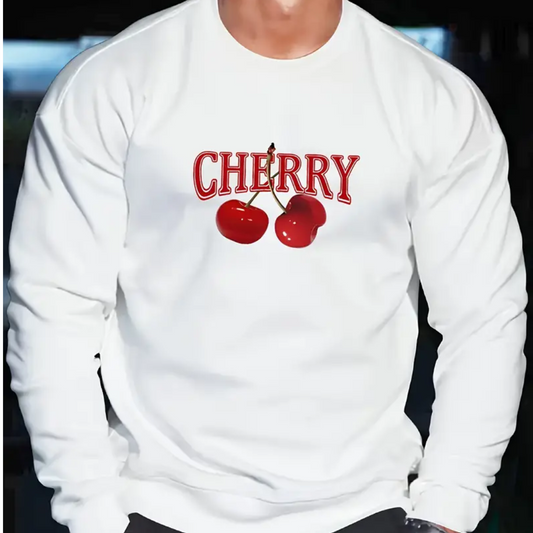 Casual Crew Neck Sweatshirt With Cherry Print For Men